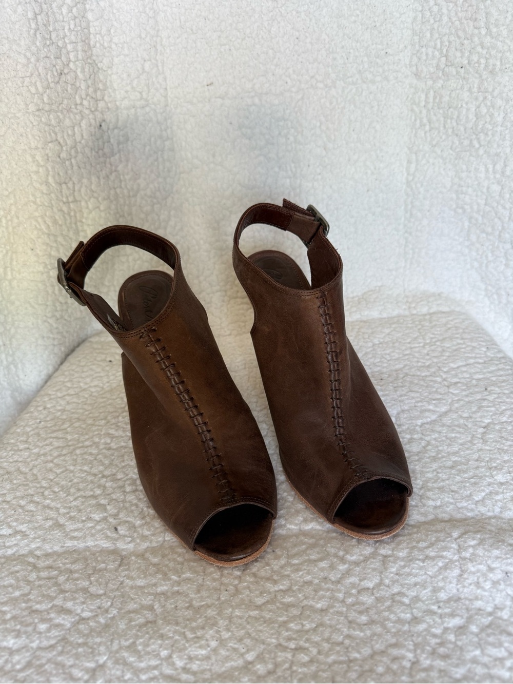 Peter Nappi Brown Leather Peep-Toe Slingback Booties